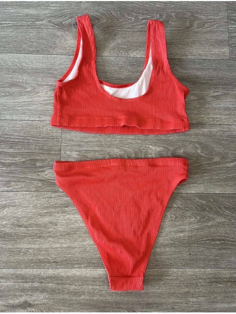 Nasty Gal Ribbed Red High Waist Bikini Set XS High Cut Scoop Neck